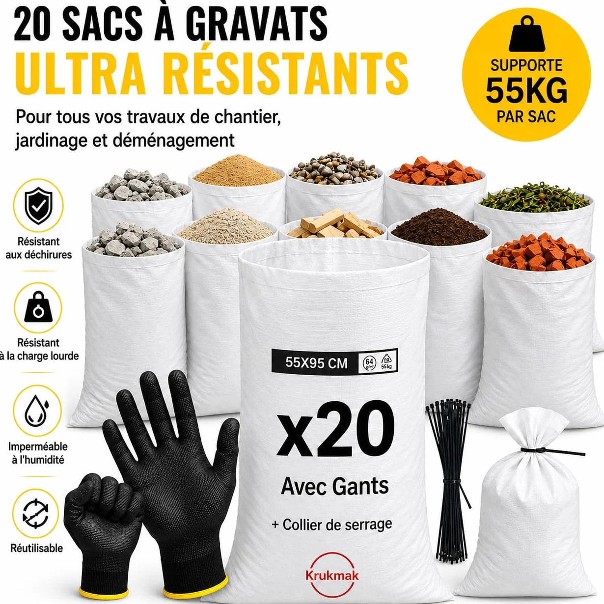 Sacs de Chantier Renforcés Gravat 95x55 cm 55 kg Polypropylène Tissé Haute Résistance Lot de 20