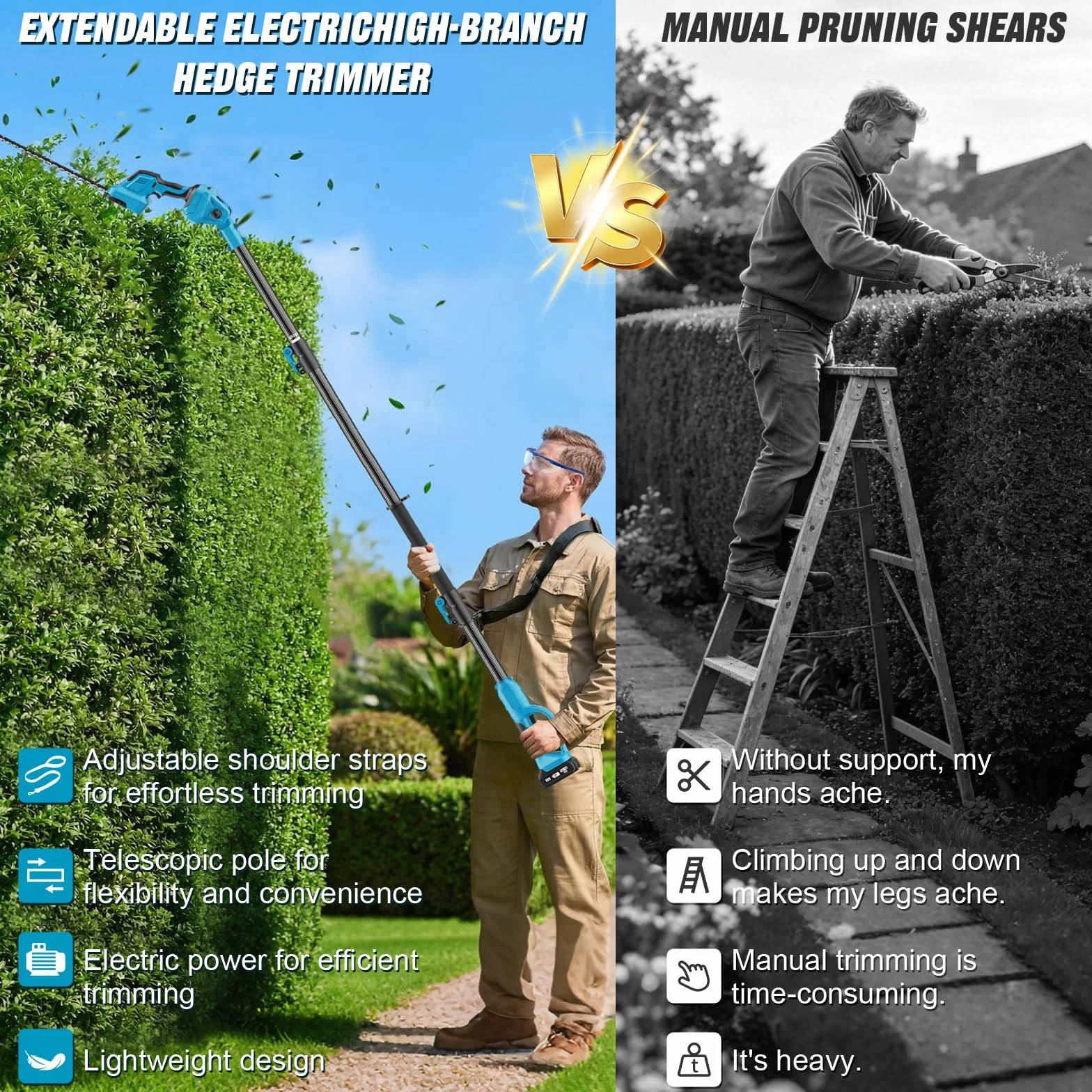 Taille Haie Telescopique Batterie sans Fil avec Perche 2 en 1, Élagueuse sur Perche avec Moteur de 550 W 2 Batteries Taille Haies Électrique, Angle Réglable, Idéal Jardin Verger Taille Haie