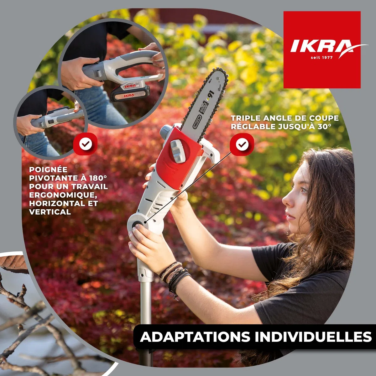 Ikra élagueuse télescopique sur batterie ICPS 2020, longueur de coupe 20cm, autonomie 40 min