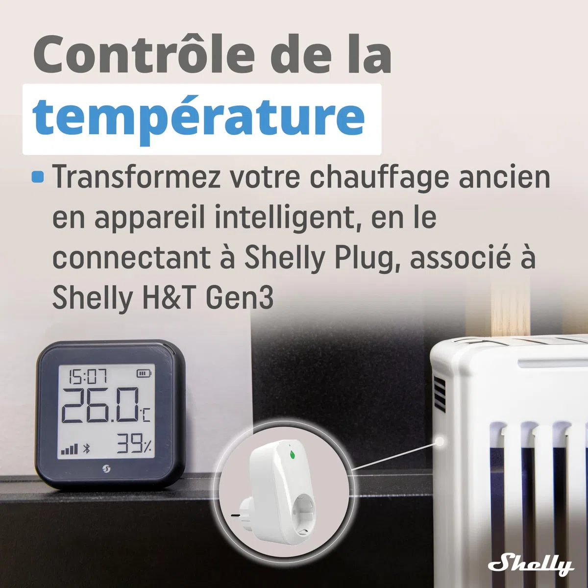 Shelly H&T Gen3 Noir Capteur de température et d'humidité connecté Wi-Fi Thermomètre Hygromètre intérieur extérieur Écran eink Horloge digitale