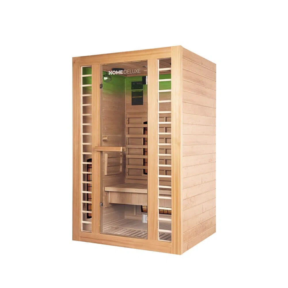 HOME DELUXE - Cabine infrarouge REDSUN M DELUXE - 120 x 105 x 190 cm - pour 2 personnes, 5 émetteurs à spectre complet, bois : sapin de HemlockI Sauna infrarouge, sauna, cabine chauffante, infrarouge