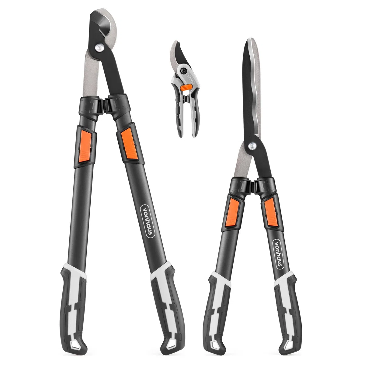 VonHaus Lot de 3 Cisailles de Jardin – Coupe-Branches, Taille-Haie, Sécateur – Poignées Télescopiques Extensibles – Prise Douce – Outils Légers