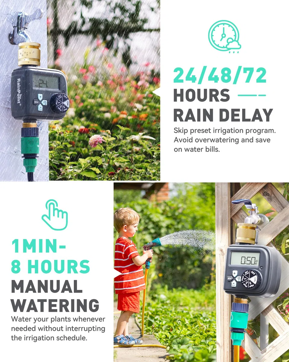 RAINPOINT Programmateur Arrosage Automatique avec Entrée et Sortie en Laiton, 3 Horaires, Retard De Pluie, Programmable par Semaine/Heures et Jours d'intervalle, Programmateur d'arrosage pour Jardin