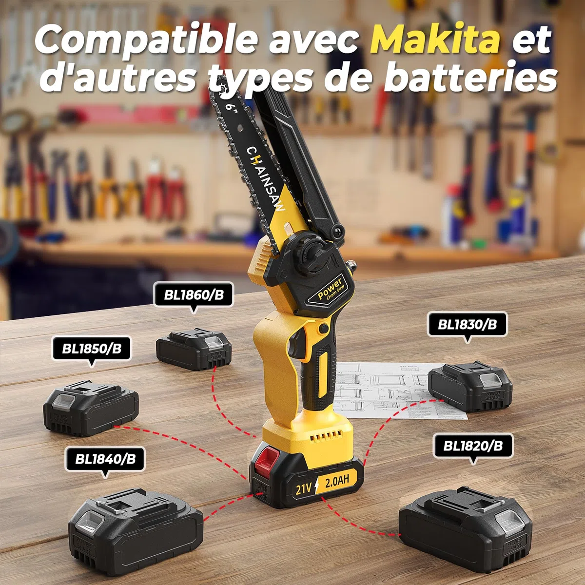Mini Tronçonneuse à Batterie 6 Pouces, 1000W Brushless Tronconneuse Electrique Sans Fil pour Jardin, 4000mAh Tronçonneuse Elagueuse sur Batterie, D'huile Automatique, Compatible avec Makita 18V