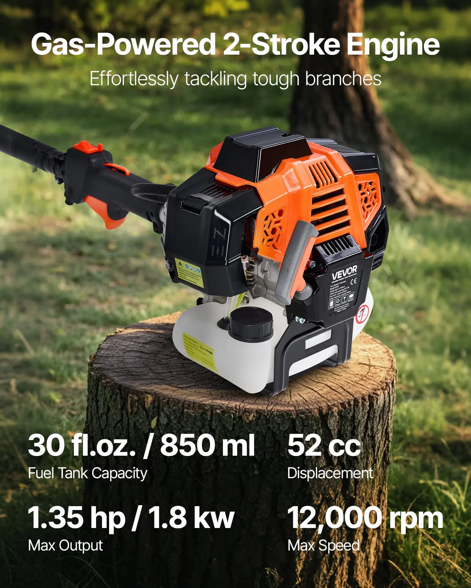 VEVOR Élagueuse Thermique sur Perche à 2 Temps, 52 cc, Élagueuse sans Fil à Essence, avec Perche Extensible 2,2 m-2,94 m, Guide-chaîne 35,6 cm, Réservoir de Carburant 850 ml, pour Élagage des Arbres
