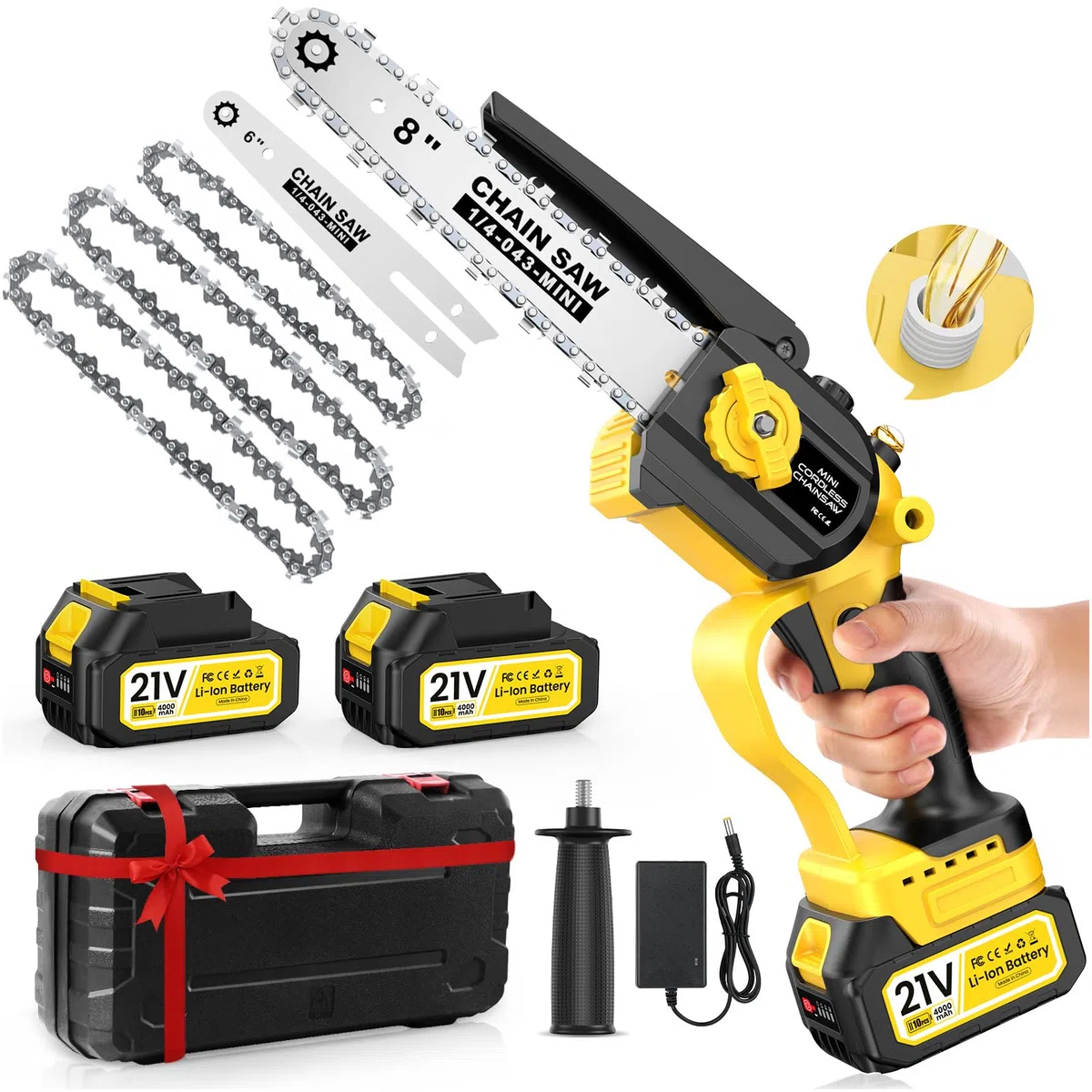 Mini Tronconneuse à Batterie, 8000 mAh Tronçonneuse Électrique Sans Fil, 1000W 8 & 6 Pouces Tronconneuse à Batterie pour Branches et Jardin,avec Système D'huile Automatique, Compatible avec Makita 18V