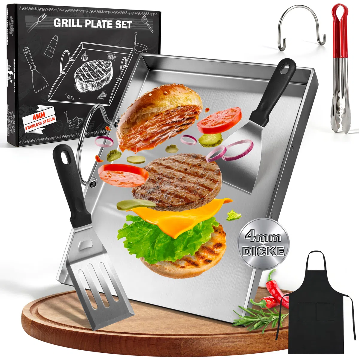 JONRRYIN Plancha Plaque de cuisson 40 x 30 cm, Acier Inoxydable épais avec 2 Spatules, Poignée Amovible pour Barbecue Gaz et Charbon