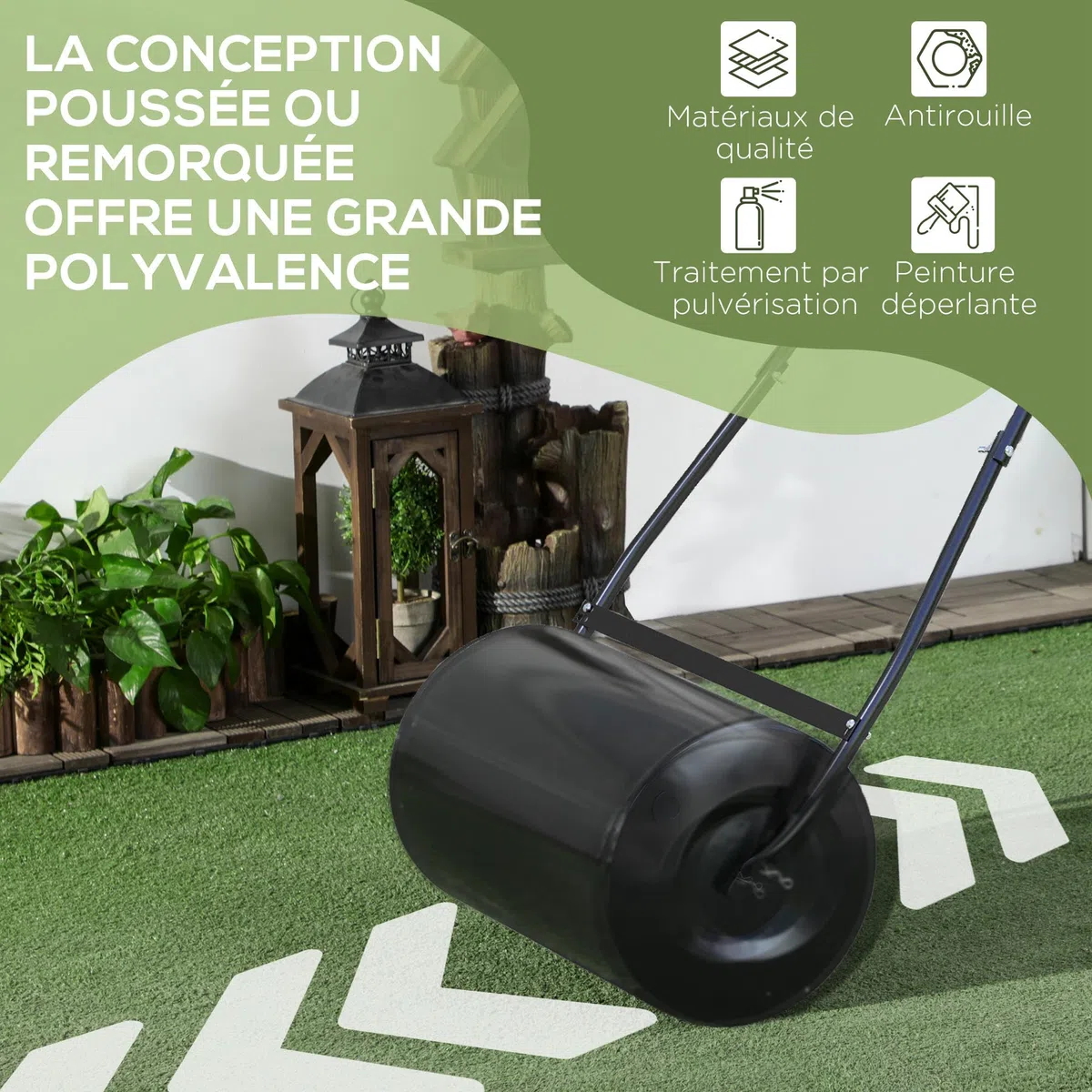 DURHAND Rouleau à Gazon, Rouleau de Jardin 50 cm, remplissable avec 38 L d'eau ou de Sable, poignée Ergonomique, Outil de Jardinage pour pelouse, Patio et Parc, Noir