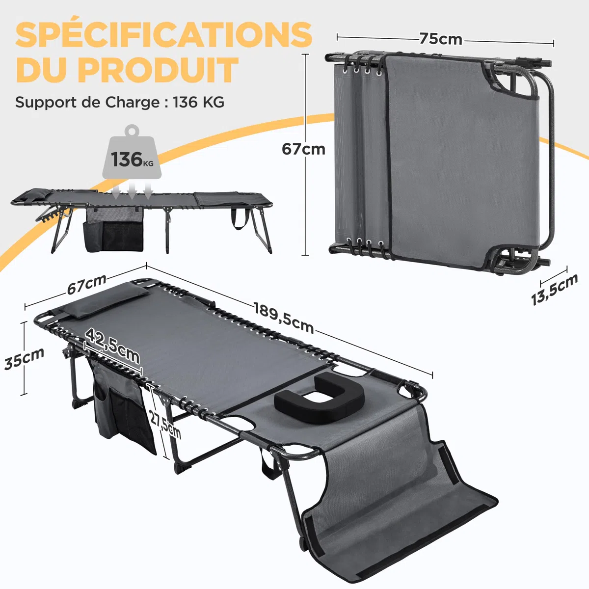 Abician Transat Jardin Exterieur Inclinable à 5 Positions avec Matelas Bains de Soleil Pliable Multifonctionnel avec Appuie-tête, Poche pour Lecture Bronzer Le Dos Piscine Plage Patio Terrasse