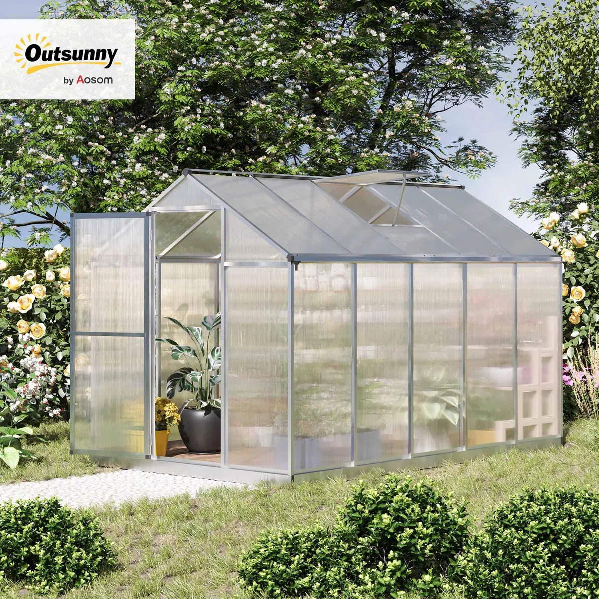 Outsunny Serre de Jardin en Aluminium Polycarbonate, Serre avec fenêtres supérieures réglables, Porte battante, abri extérieur résistant aux intempéries pour Plante Fleur, 303x183x195 cm, Transparent