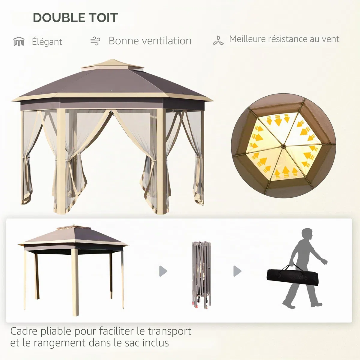 Outsunny Tonnelle Pliable 4x3,4x2,85 m Pavillon de Jardin Hexagonal avec Double Toit 6 Moustiquaires Démontables Sac de Transport Hauteur Ajustable sur 3 Niveaux et Anti-UV Gazebo pour Fête Patio