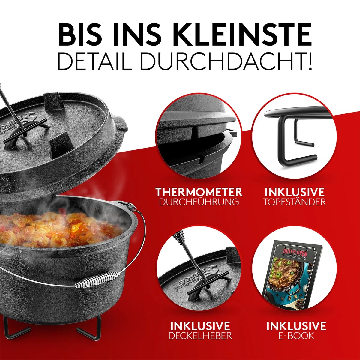 L'Original BBQ Dutch Oven 10,8 L Set avec Support et Couvercle 2,2 L Double Fonction Poêle à Griller