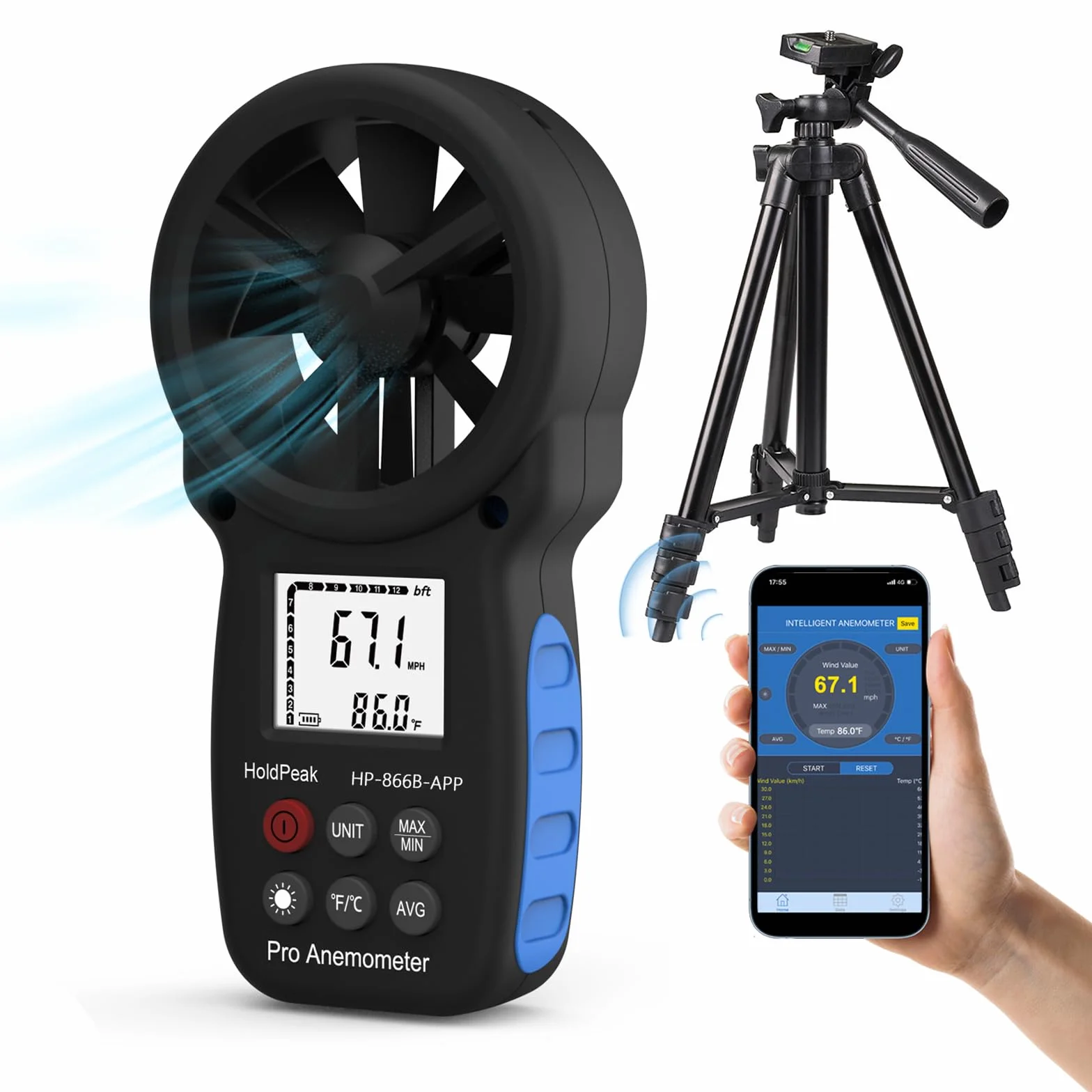 Anémomètre portable Bluetooth avec support, compteur numérique de vitesse du vent, appareil de mesure de la température du débit d'air CFM pour HVAC en plein air, voile, tir au golf, 866B-APP