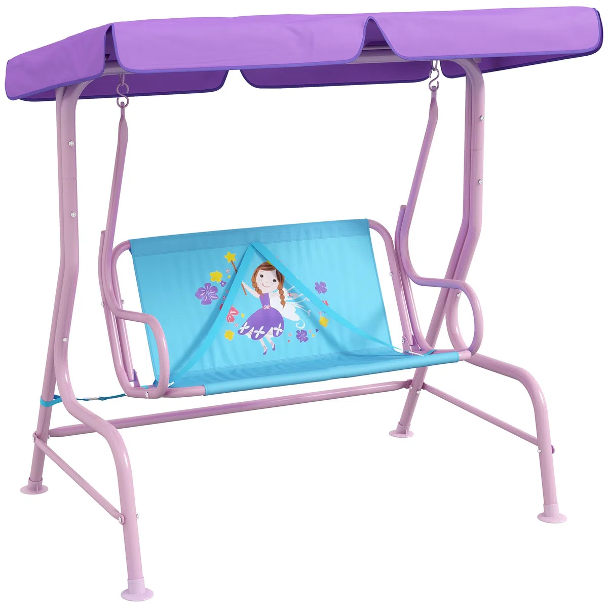 Outsunny Balançoire 2 places pour enfants avec auvent réglable, banc de jardin double sur le thème des fées avec ceintures de sécurité pour patio, parc, porche, pour enfants de 3 à 6 ans, couleur