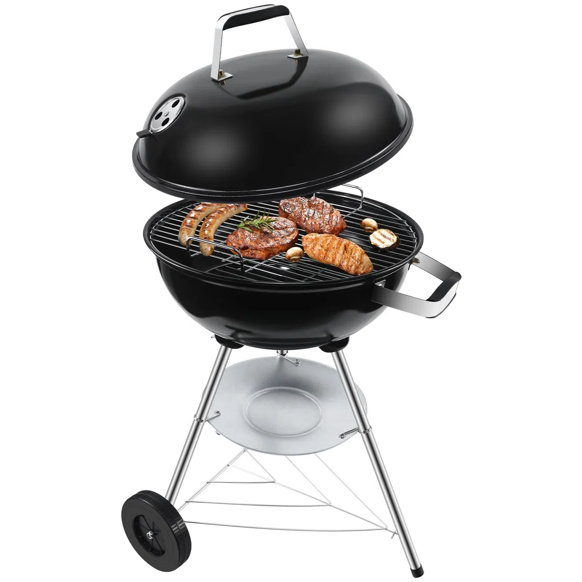 Barbecue Charbon Rond avec Couvercle et Roues BBQ Portable Grill Jardin Camping Balcon Taille moyenne