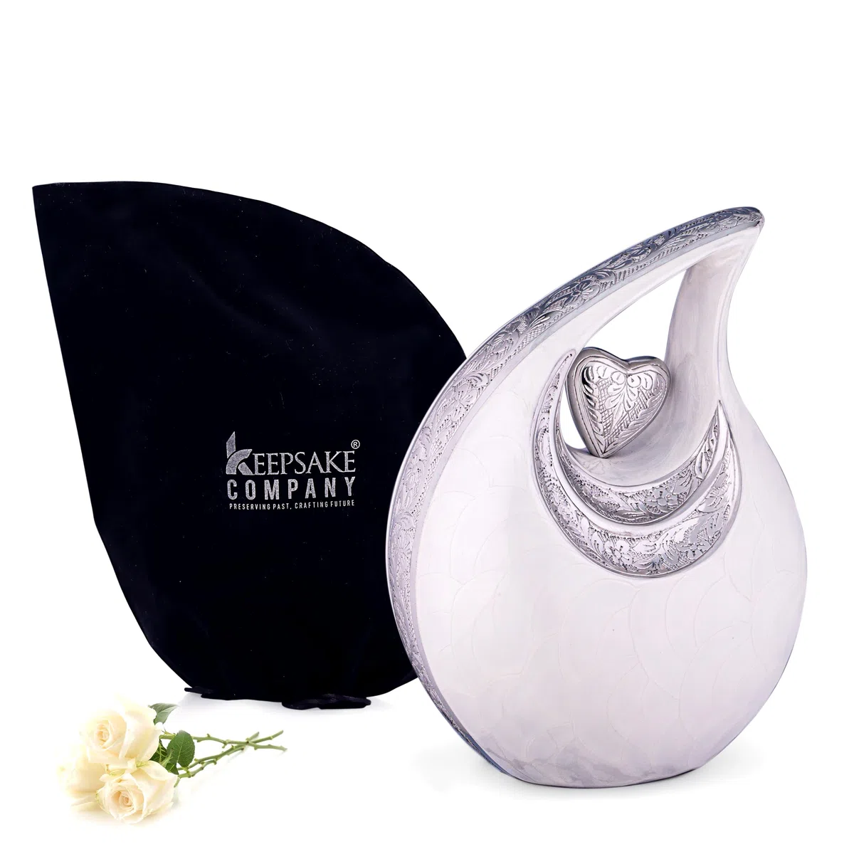 Grande urne en Forme de Larme Blanche avec cœur en Argent pour Cendres humaines – Urnes pour Hommes et Femmes Adultes – Urne en Forme de cœur, 2,5 LTR, Blanche avec cœur en Argent