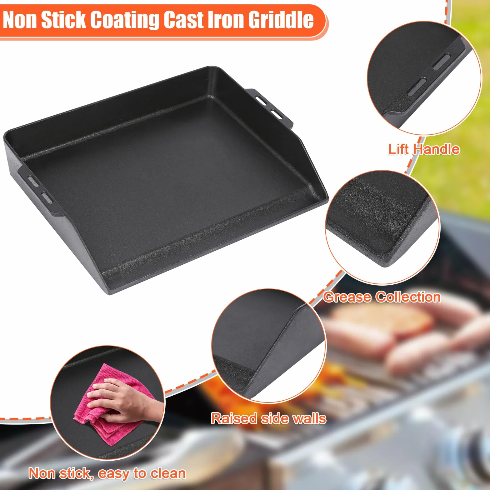 Denmay Plancha universelle en fonte de 48 x 36 cm pour barbecue à gaz, four et cuisinière, poêle pour RÖSLE VIDERO, Weber, CharBroil, Enders, Campingaz, Tepro et plus encore avec gouttière à graisse