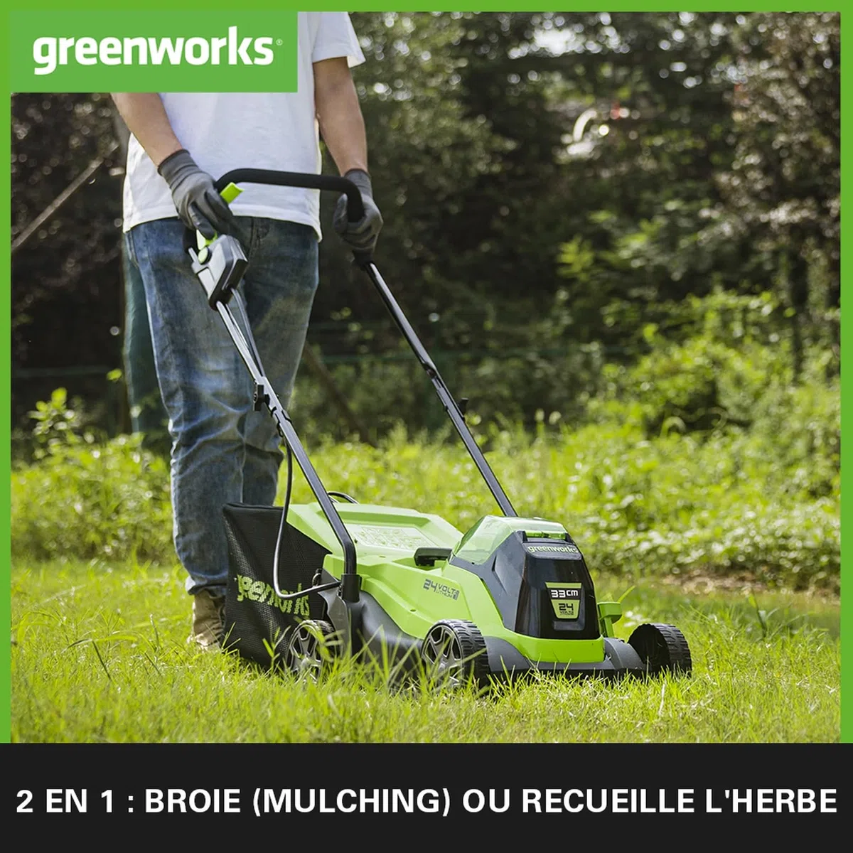Greenworks GD24LM33K2 Tondeuse à Gazon Sans Fil avec Moteur Sans Brosse pour Petites Pelouses Jusqu'à 140m², Largeur de Coupe 33 cm, Sac de 30L, INCLUS Batterie 24V 2Ah et Chargeur, Garantie 3 Ans