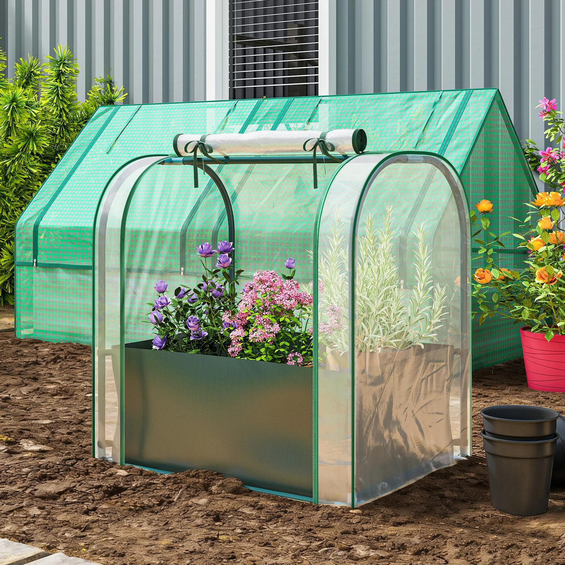 Outsunny Mini Serre de Jardin 68 x 50 x 70 cm, avec Sac de Plantation, Porte Enroulable, Vert foncé