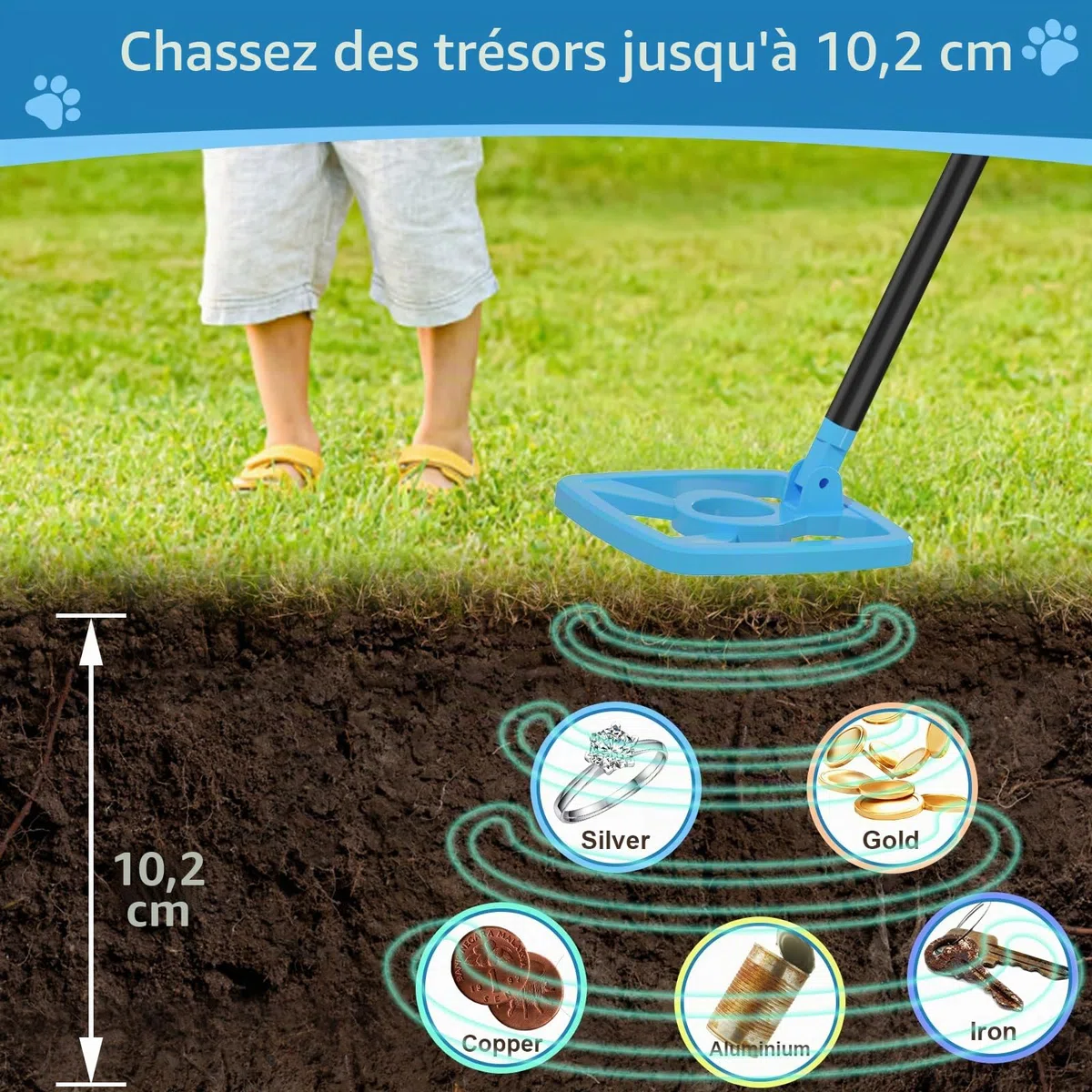 【Type-C】 OMMO Détecteur de Métaux Enfants, 72-100cm Réglable Détecteur de Métaux Rechargeable avec Écran LCD, Haute Sensibilité, IP67 Étanche pour Exploration en Plein Air, Recherche de Métaux (Bleu)