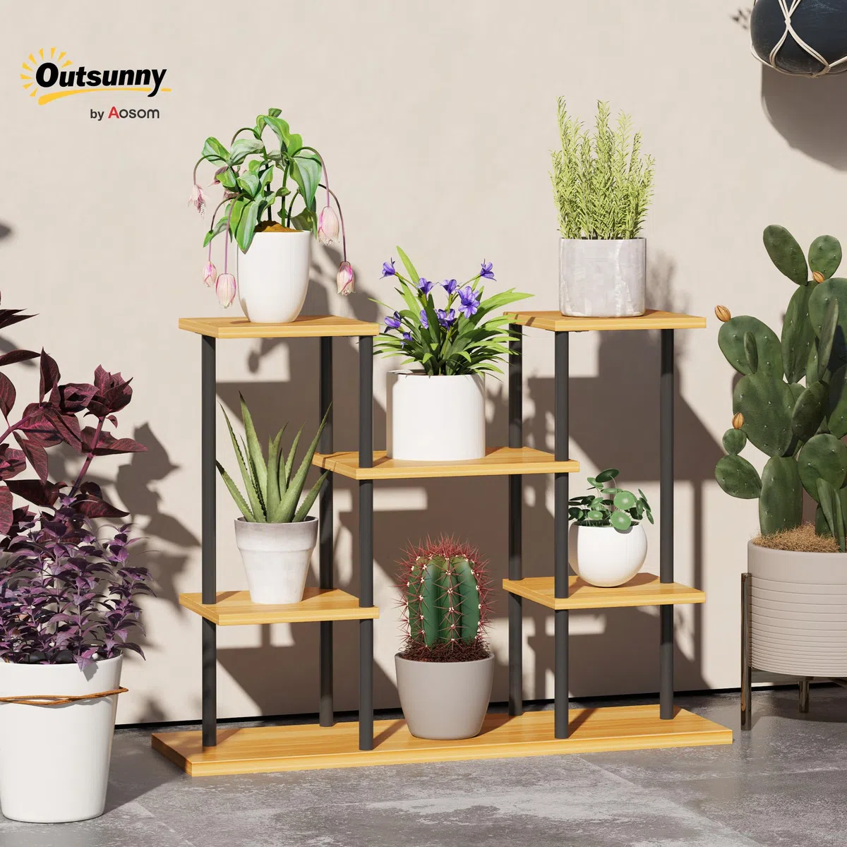 Outsunny Support plantes intérieur, étagère plante à 6 niveaux, cadre en acier base en bois massif, porte plante pour salon, balcon, jardin, bois naturel