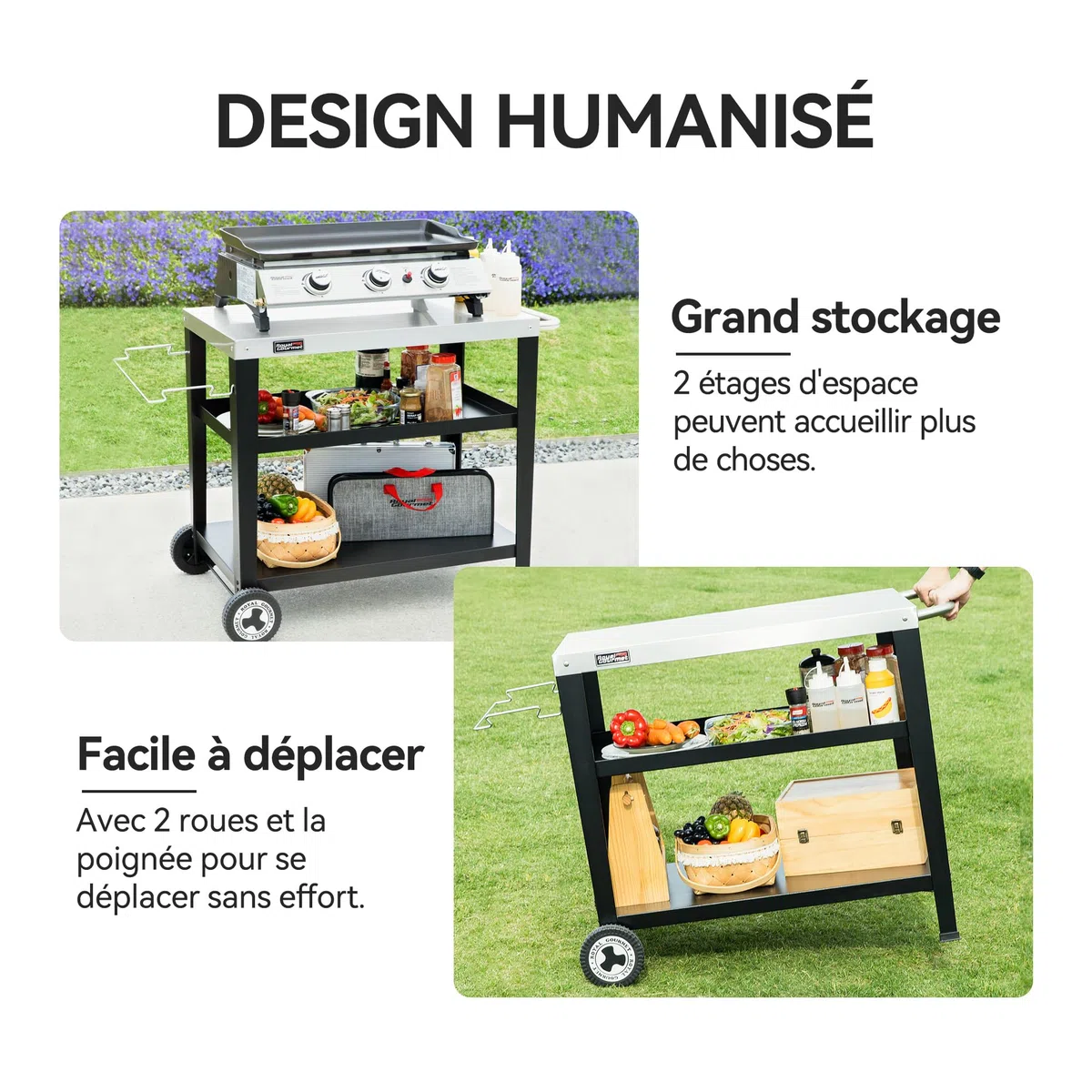 Royal Gourmet 3 Étagères Desserte pour Plancha, Chariot pour Barbecue avec Plan de Travail en Acier Inoxydable et Support de Sac à Ordures Détachable, Dessus de Table 85 x 50 cm