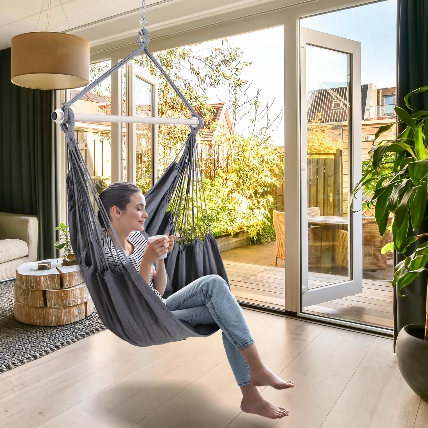 Ohuhu Fauteuil Suspendu Exterieur avec 2 Coussins, Chaise Suspendue Balançoire de Relaxation, Fauteuil Suspendu Interieur Adapté à Tout Décor, Chaise Suspendue Facile à Assembler, Gris