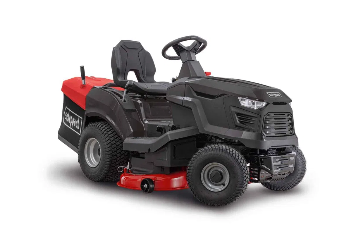 Scheppach Tondeuse autoportée TMR452-98H-RD - Moteur 4 Temps 12.5 CV - 452 cm3 - Transmission Automatique hydrostatique - Largeur de Coupe 98 cm - 5000 m² - Hauteur de Coupe 30-90 mm - bac 245 L