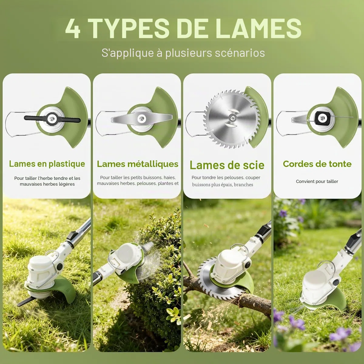 Debroussailleuse Electrique sans Fil - Debroussailleuse Batterie avec 2 Batterie 21V et 4 Types de Lames - Coupe Bordure avec Poignée Réglable - Débroussailleuse à Gazon pour Jardin (Beige)