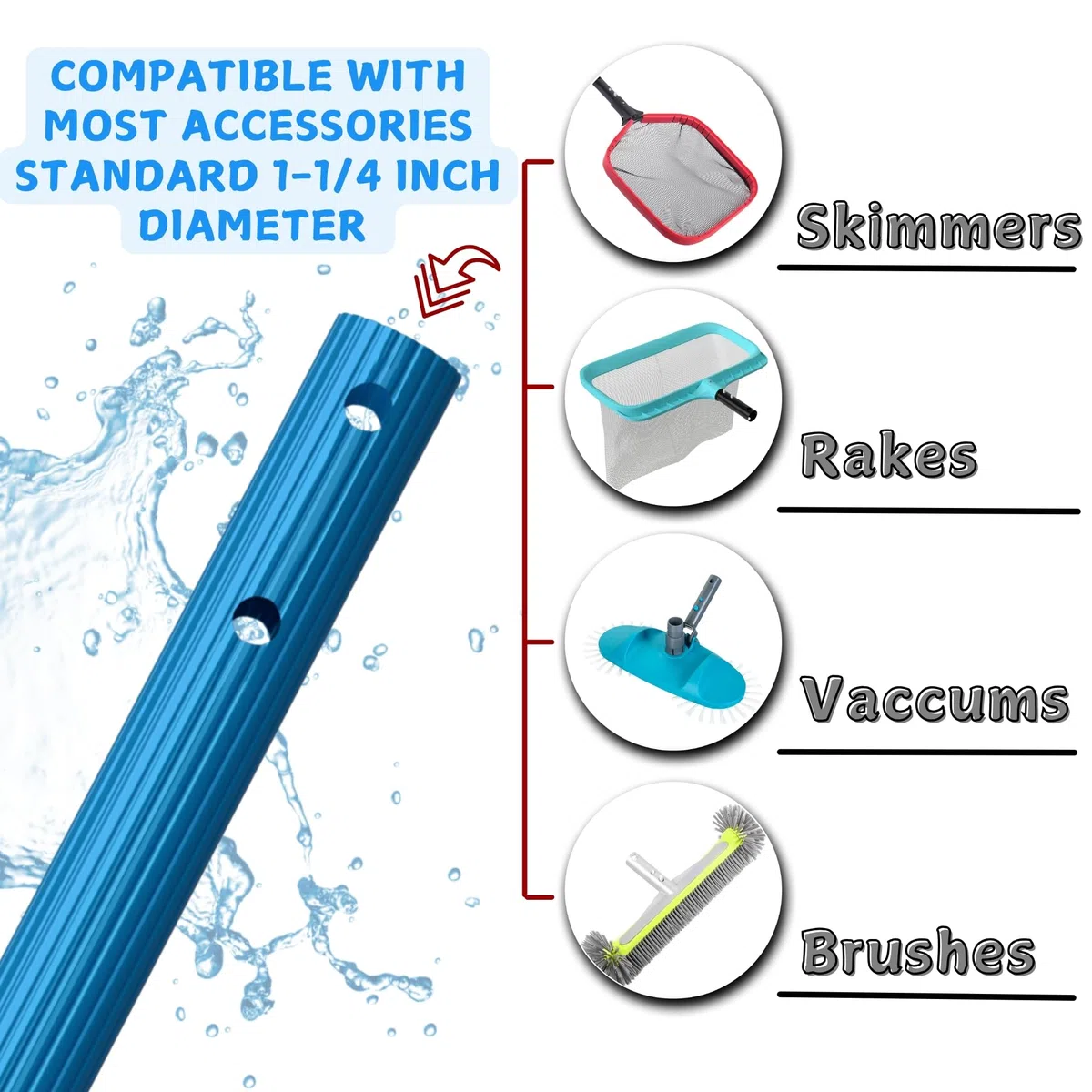 Perche de Piscine 270 cm en Aluminium pour Filets Skimmer Tige Télescopique Têtes d’Aspiration pour Tuyaux Râteaux Brosses | Longueur Réglable | 1,3 mm Perche Épaisse | Finition Bleue