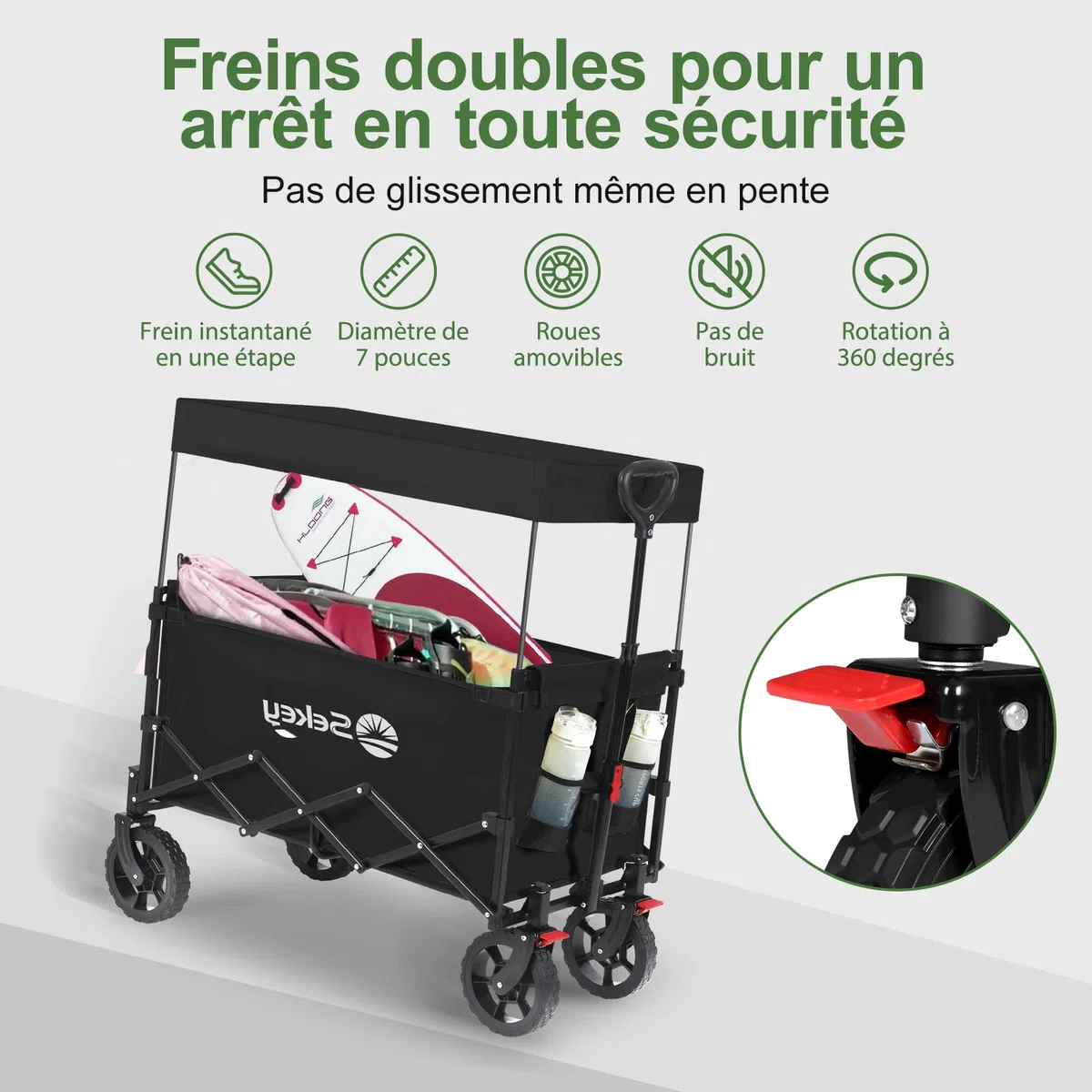 Sekey XXL Chariot Enfant 150L 150KG, Modèle Pliable à Toit, Accessoire de Transport avec Pare-Soleil pour Plage et Camping SE4018, Noir