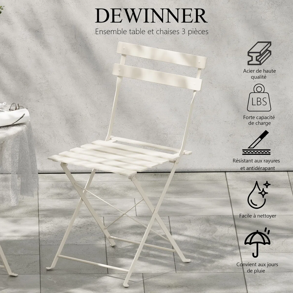 DEWINNER Ensemble De Table Et Chaises De Jardin, Salon De Jardin Extérieur 3 Pièces, Table Ronde avec 2 Chaises Pliantes, Pliable, Blanc, Nappe Imperméable Incluse, pour Balcon, Terrasse, Cour