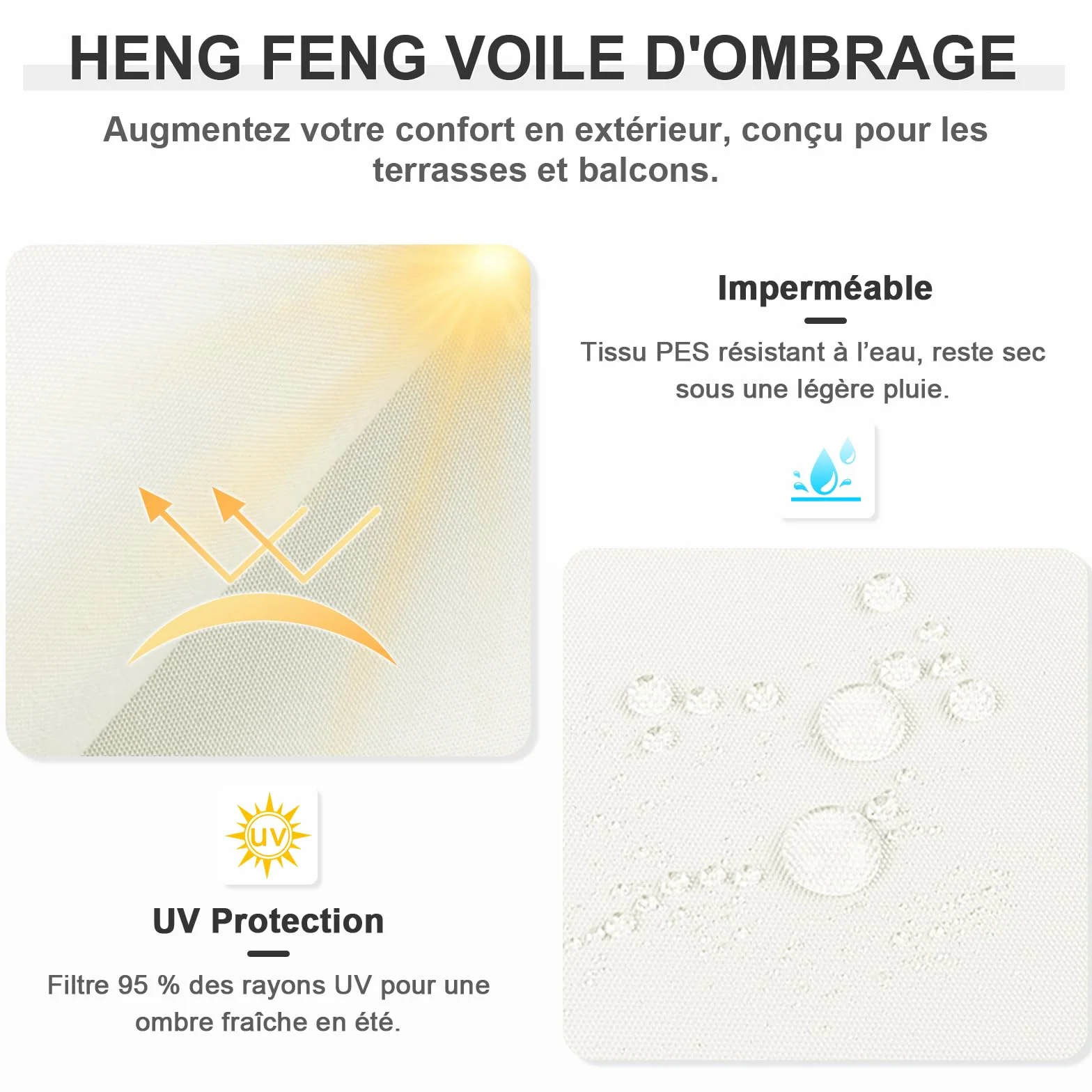 Voile d'ombrage Triangulaire Imperméable 3x3x3m 160 g/m² Protection UV 95% Beige