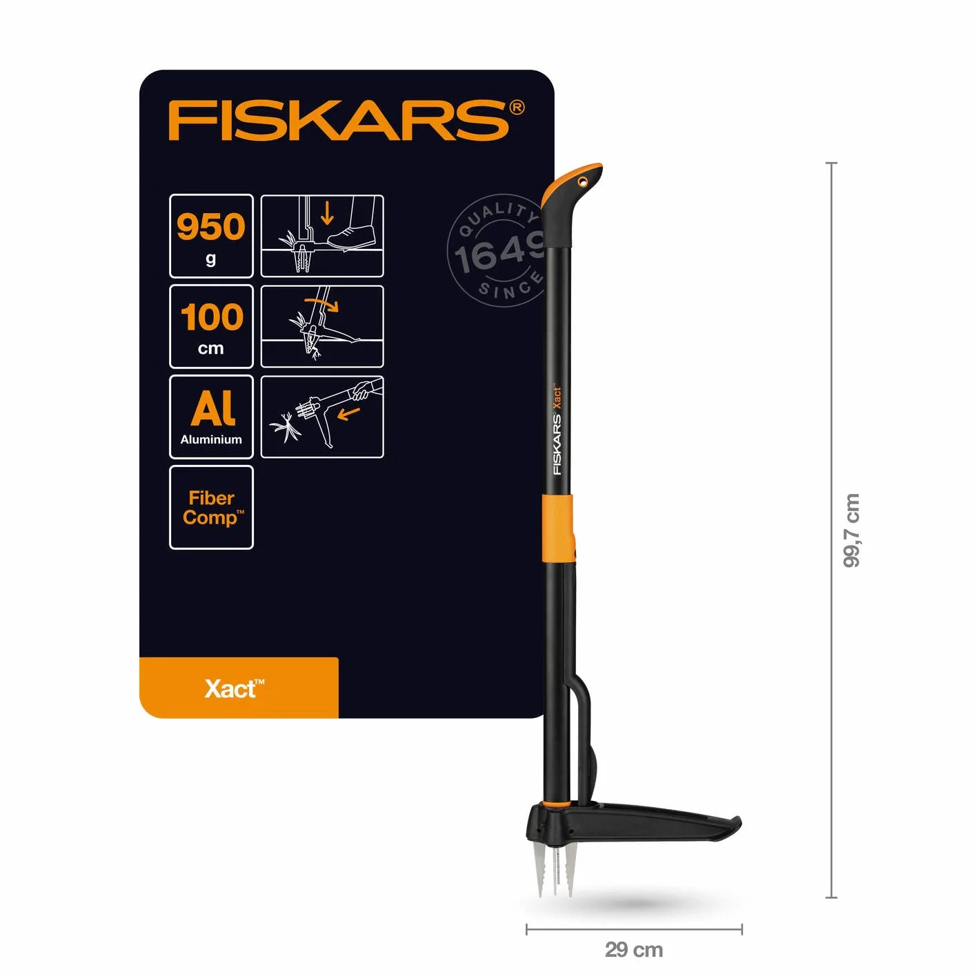 Fiskars Désherbeur Xact, longueur : 1 m, bras en acier inoxydable/poignée en plastique, noir/orange, emballage carton individuel, 1077305