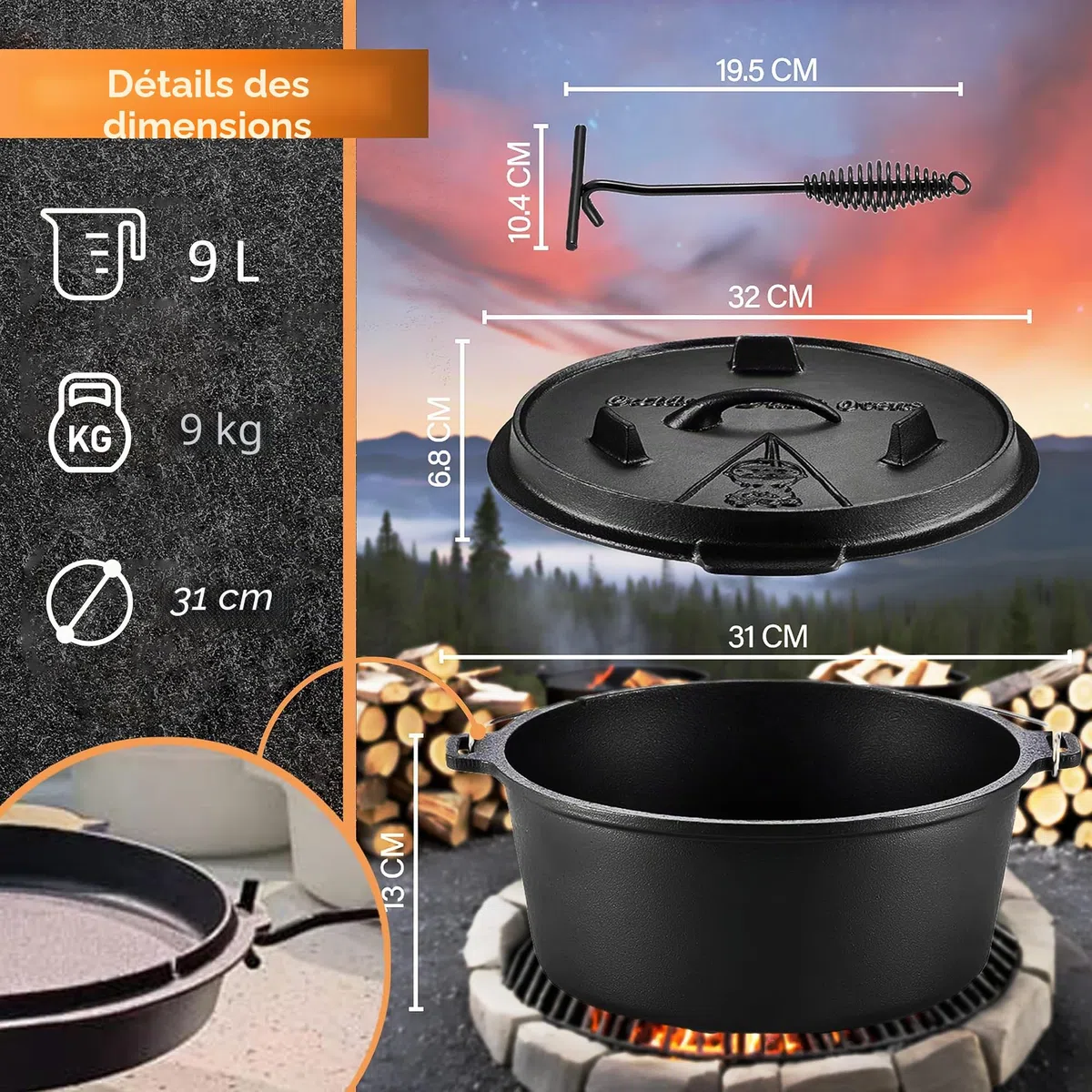 Faitout hollandais 9 litres, double fonction, fonte, pré-assaisonné, avec lifter, noir