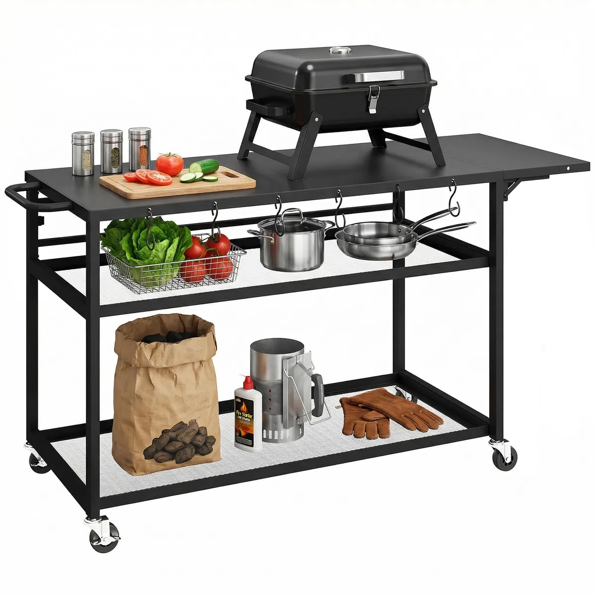 Outsunny Desserte Jardin Chariot de Barbecue sur roulettes îlot de Cuisine avec Plateau Latéral Pliable, Trois Étagères, Crochets et Poinége, 133 x 48,5 x 82 cm, Noir