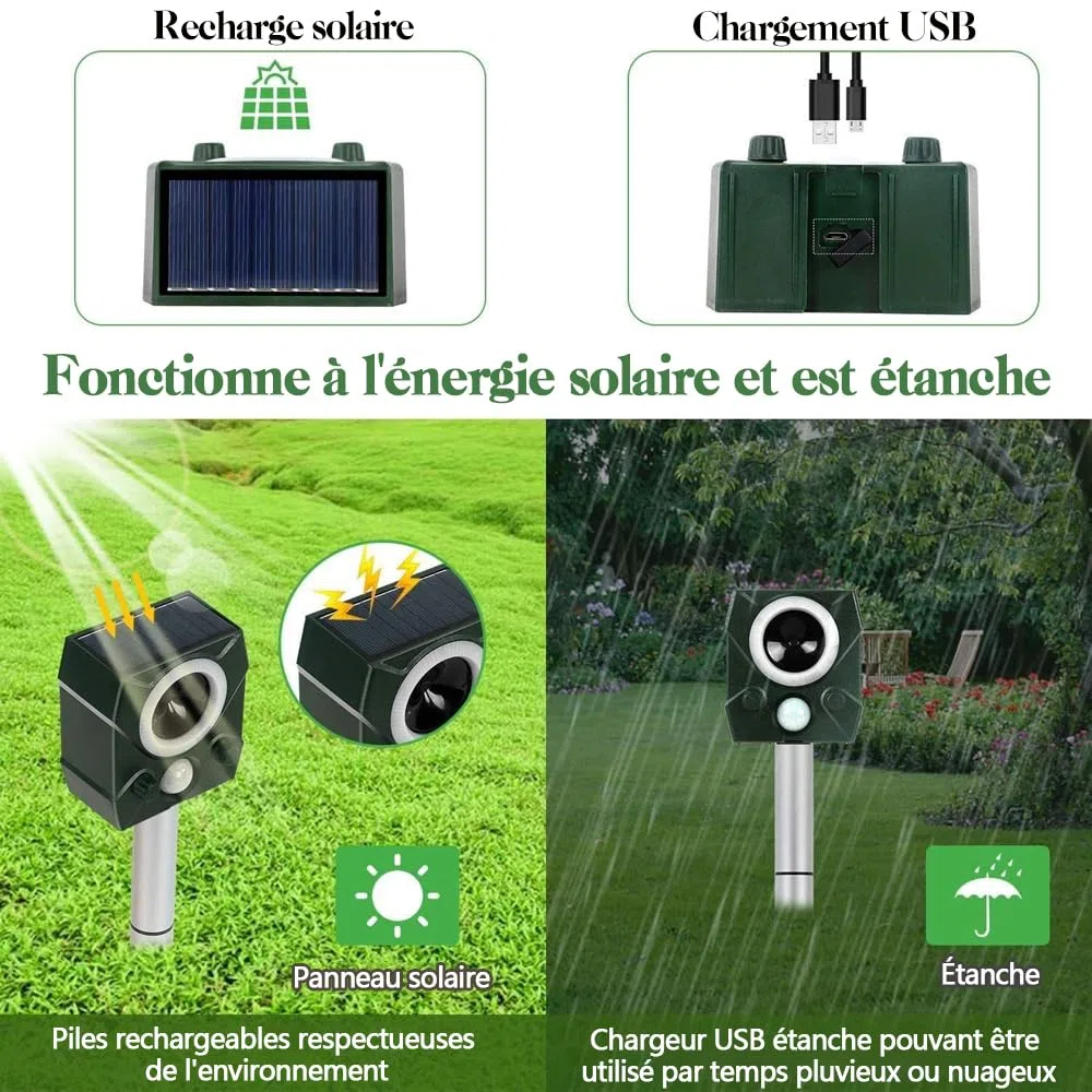 Solaire Ultrason Souris et Rats, Étanche Repulsif Souris et Rats Ultrason Puissant, Piège à Souris avec Lumière LED Contre Les Chats, Chiens et Divers Nuisibles Convient aux Jardins et Aux Cour