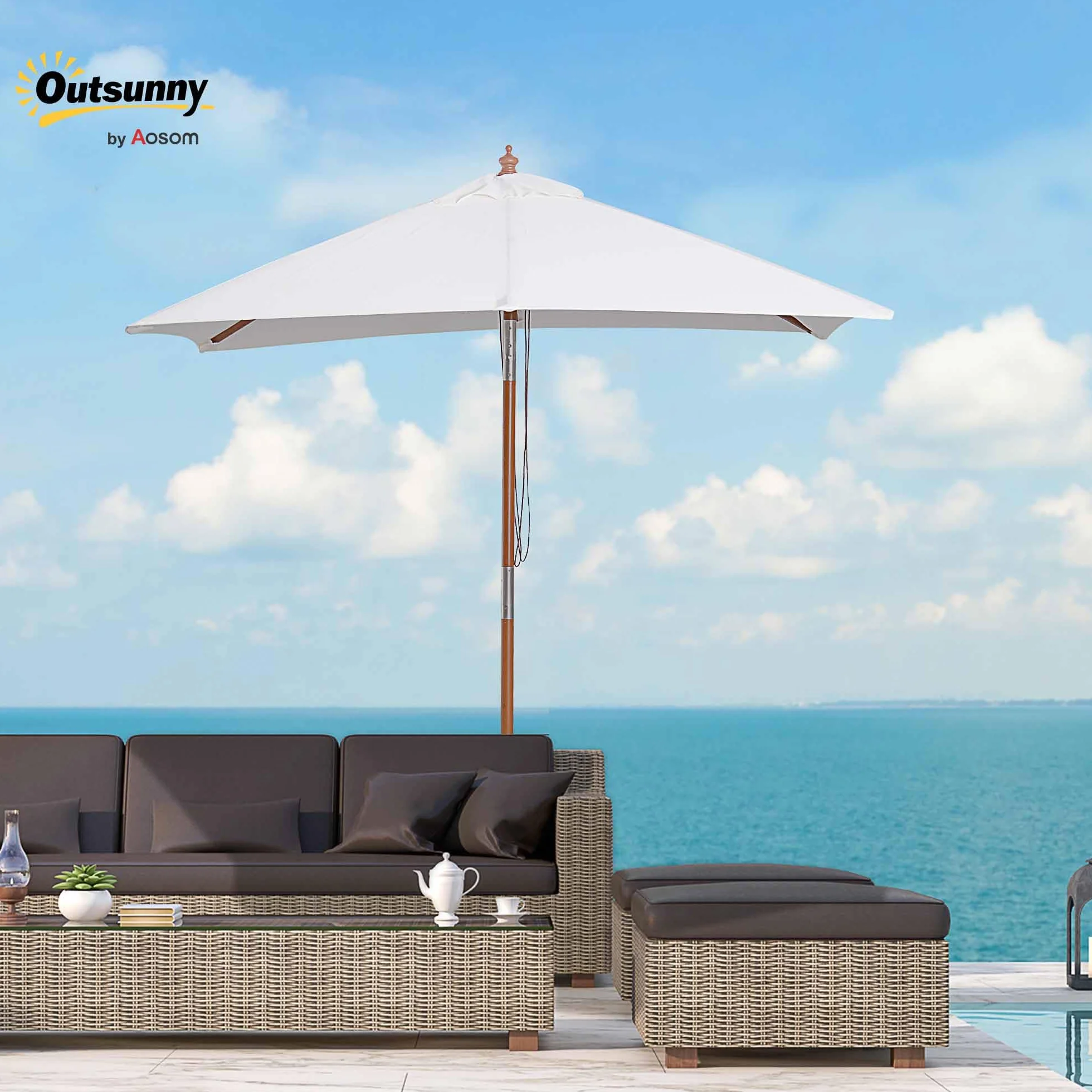 Outsunny Parasol de jardin extérieur Parasol rectangulaire inclinable bois polyester haute densité 2L x 1,5l x 2,3H m crème