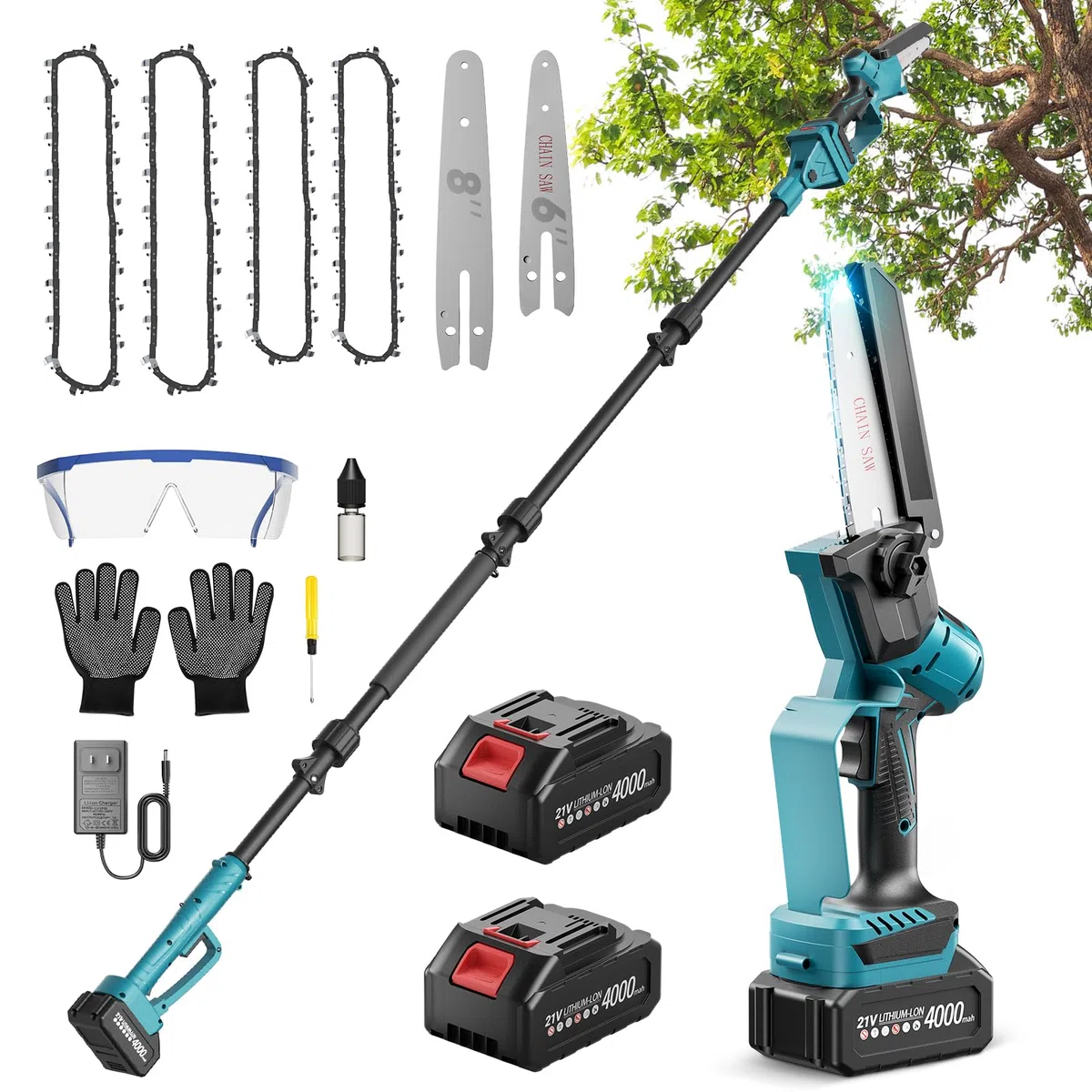 2 in 1 Perche Élagueuse 6 et 8 Pouces, Mini Tronçonneuse avec 2 Batteries 4000 mAh, 4 Longueurs Peuvent être Epissées Extension jusqu'à 14.1FT Élagueuse pour le Jardin, le Branches et le Bois