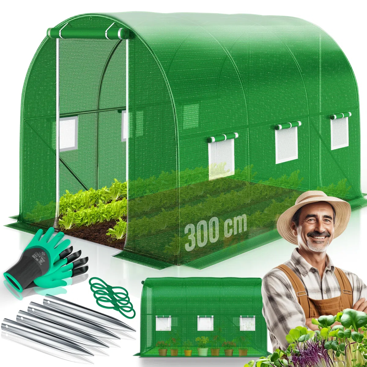 KESSER® Serre en film stable avec 6 fenêtres avec moustiquaire et porte | Tunnel de jardin avec cadre en acier galvanisé | Tunnel en film 170 g/m² avec piquets d'ancrage au sol gants et cordes | 200 x