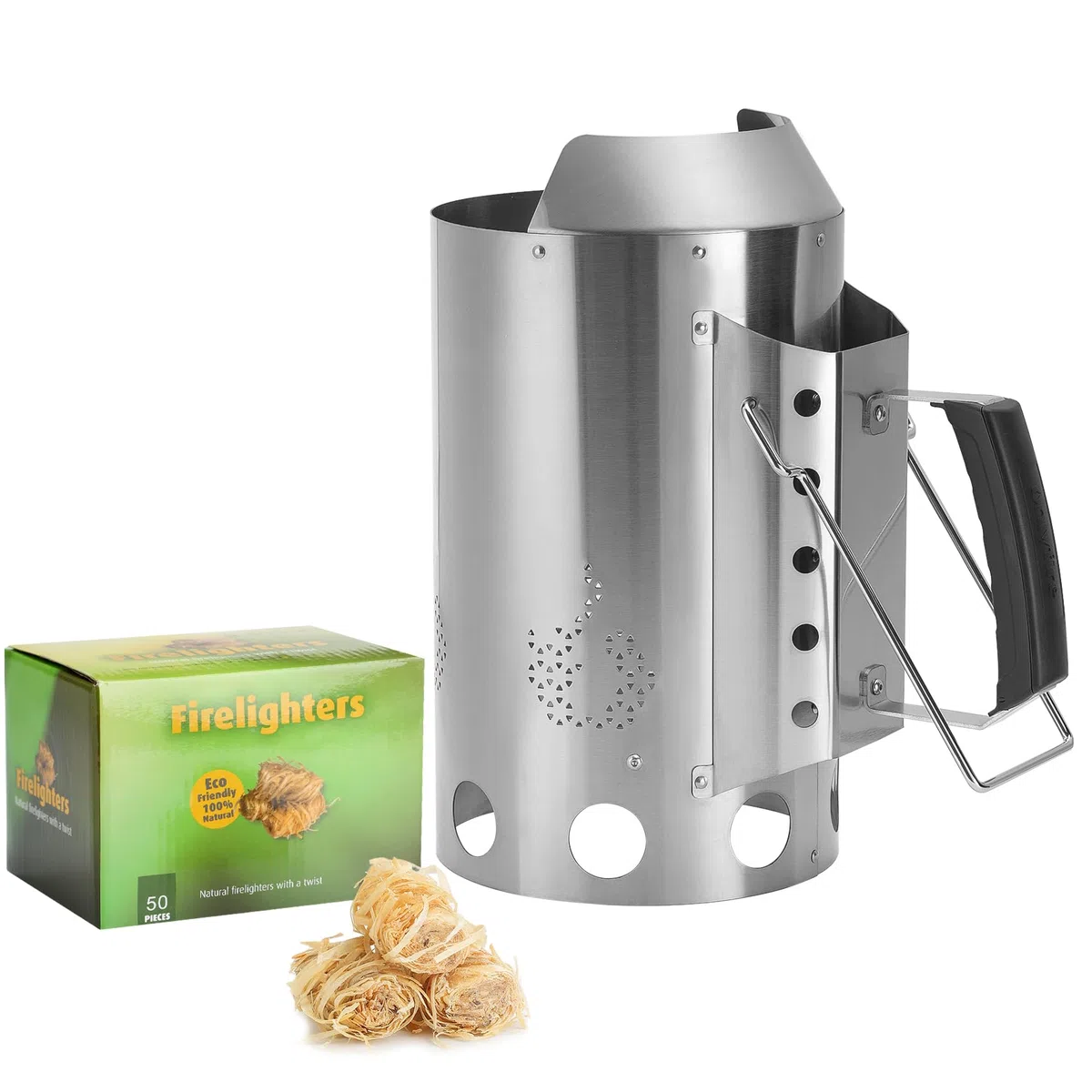 Onlyfire Kit Cheminée d'Allumage en Acier Inoxydable 430 avec 50 Allume-Feux Naturels - Démarreur de Charbon de Bois pour Barbecue, Grill et Fumoir