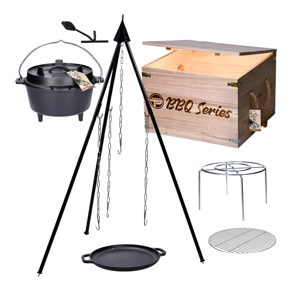 TP Premium BBQ Dutch Oven Set 7 pièces avec brasero, trépied, poêle en fonte, grille de cuisson