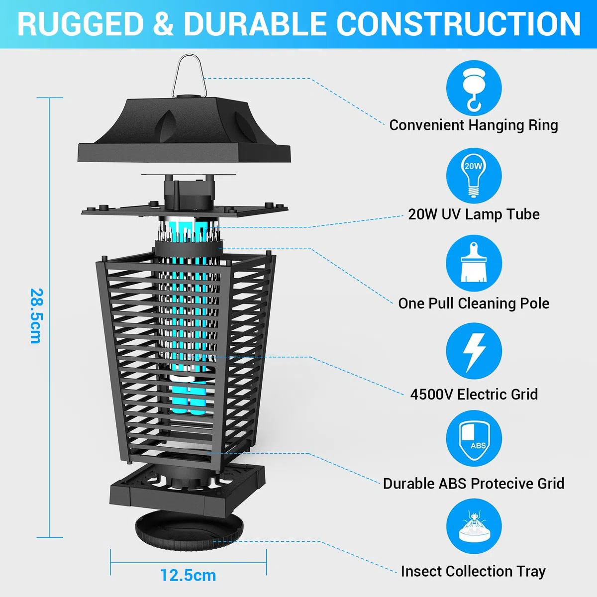 Lampe Anti Moustique 4500V 20W Extérieur, UV Tue Mouche Electrique Intérieur, Professionnel Anti Moustique Étanche Imperméable avec Agent d’Attraction pour Chambre Patio Jardin, Efficace Portée 100m²
