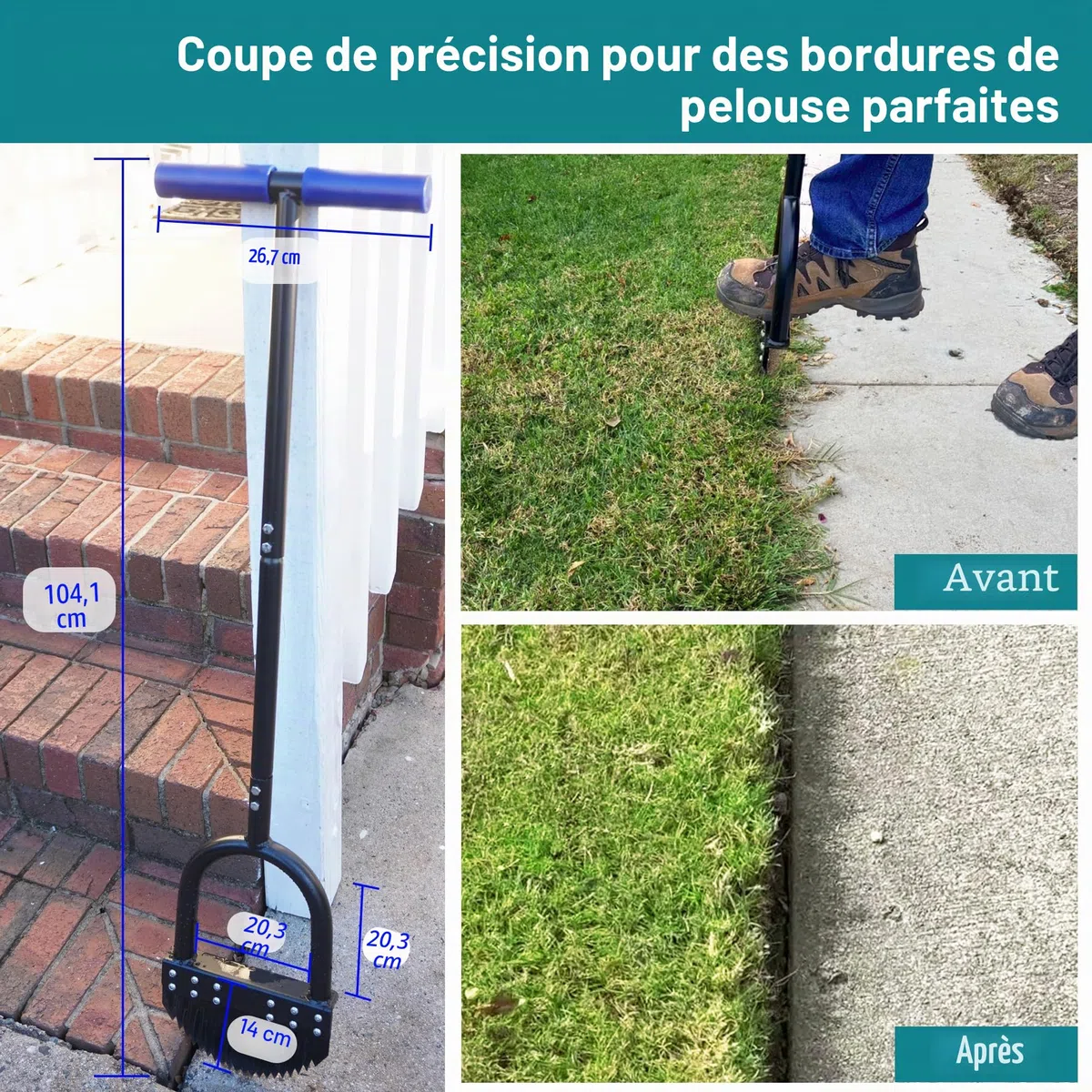 Coupe-Bordures Manuels 104 cm à Lame en Acier au Carbone Poignée Longue en Caoutchouc Plateforme Large Résistant à la Rouille Outil d'entretien de Jardin avec Lame en Acier Manganèse à Demi-Lune