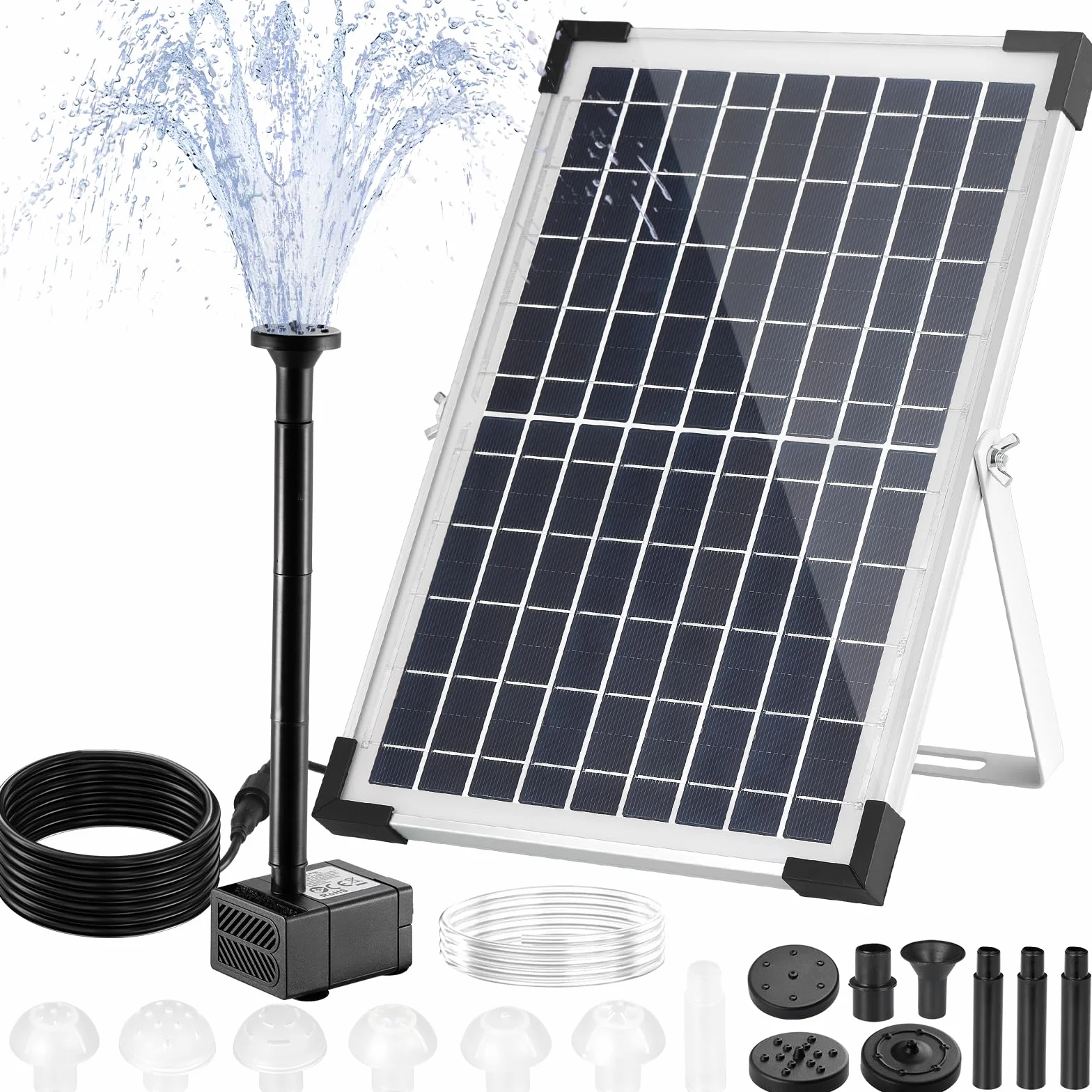 Clevich 10-12W Fontaine Solaire, Pompe à Eau Solaire, avec Tuyau d'eau de 1 m, Câble de 3,25 m, pour Bassins à Poissons, Petits Bassins, Cascades, Pots de Fleurs, Fontaines Décoratives