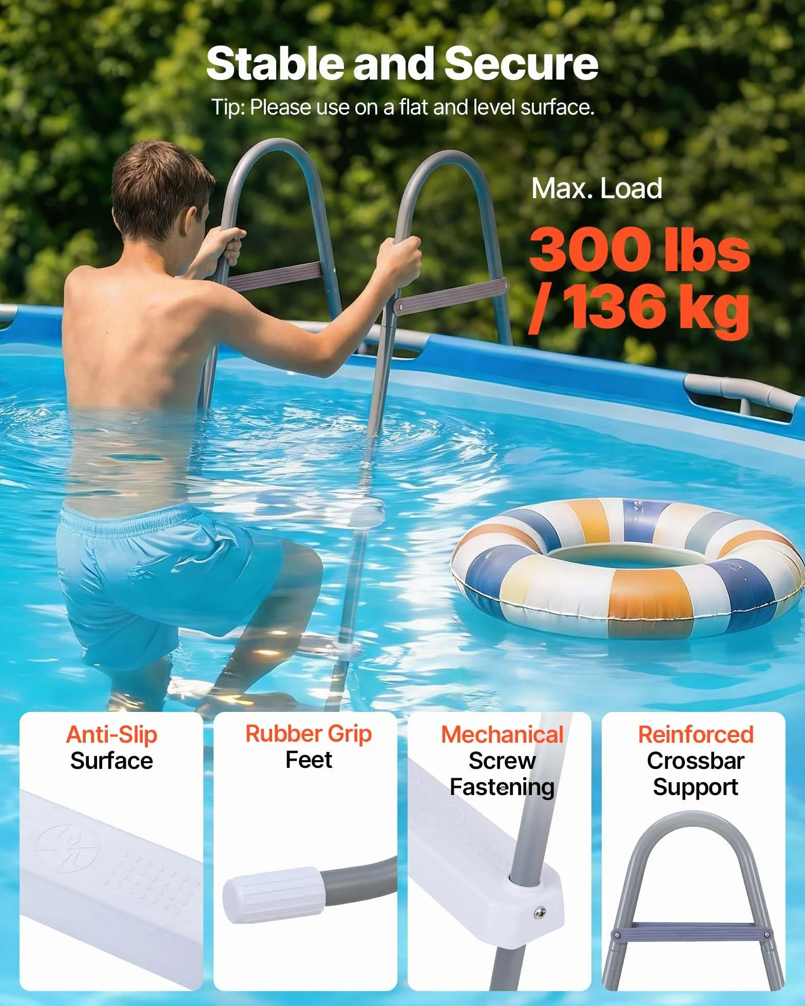 VEVOR Échelle de Piscine Hors Sol 106,7 cm Acier Carbone 3 Marches PP Antidérapantes Capacité Charge 136 kg Gris Blanc