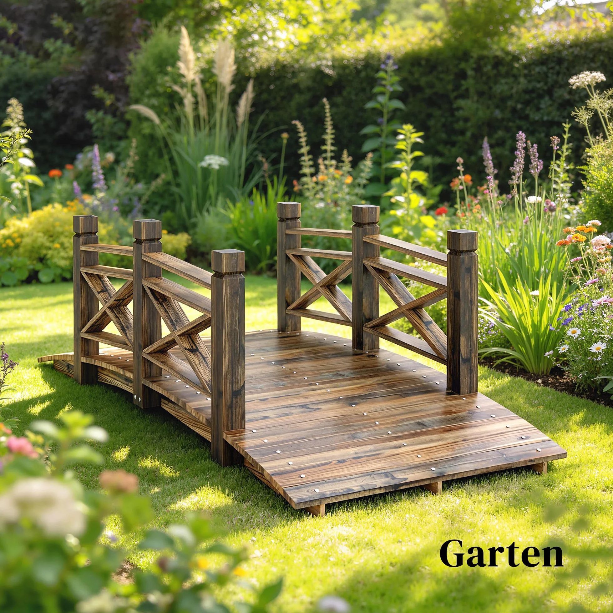 Outsunny Pont de jardin en bois de sapin avec garde-corps - Aspect vieilli - Pont décoratif pour bassin - Charge maximale : 200 kg - Résistant à la rouille - 174 x 78 x 57,5 cm - Carbonisé