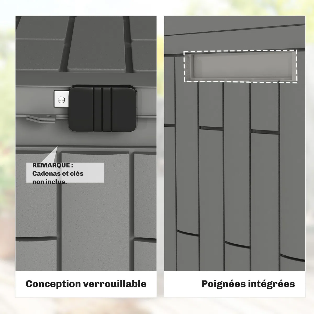 Outsunny Coffre de Rangement Extérieur 379 L Verrouillable avec Vérin à Gaz, Boîte de Jardin en Aspect Bois Résistant aux UV, pour Outils Accessoires, 122,5x56x62cm, Gris