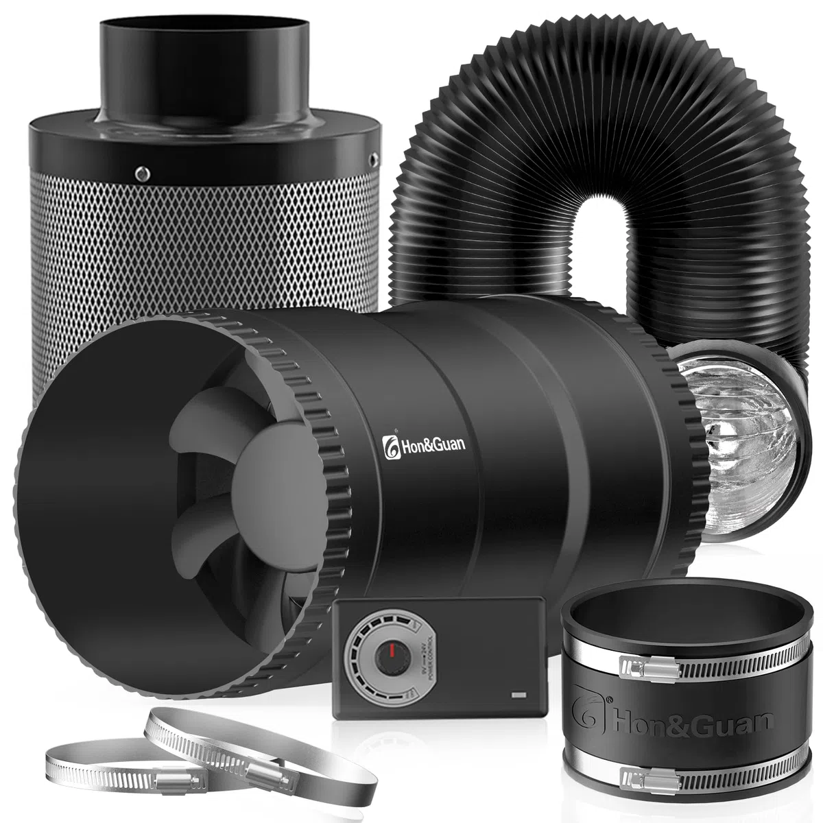 Hon&Guan Ensemble de ventilation de 100 mm 221 m³/h avec ventilateur tubulaire intégré, variateur de vitesse, filtre à charbon actif, tuyau d'extraction en caoutchouc, manchon en caoutchouc, système