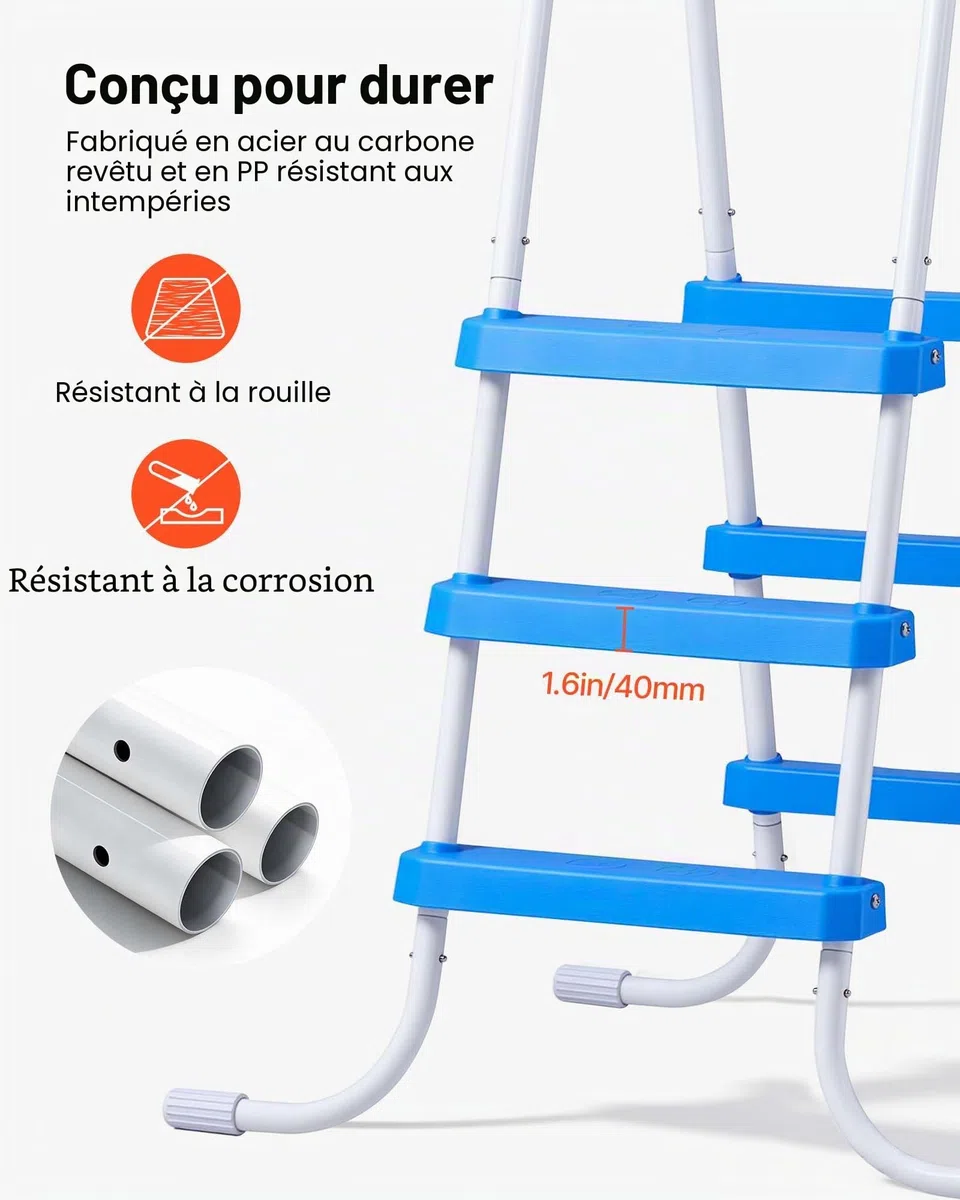 VEVOR Échelle de Piscine Hors Sol 91,4 cm Acier Carbone 3 Marches PP Antidérapantes Capacité Charge 136 kg Blanc Bleu